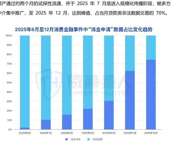 Discharge application data leaks continued to rise, with more than 600 incidents in December, representing a chart of illegal data transactions in the lending category of the month (page 27 of the original report)